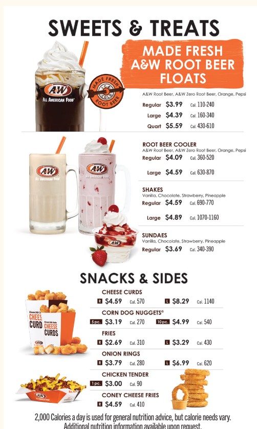 The Menu at A&W Restaurant in Montrose, CO—Root Beer, Burgers, Chicken ...
