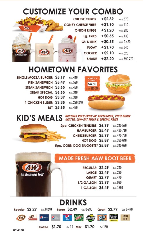 The Menu at A&W Restaurant in Montrose, CO—Root Beer, Burgers, Chicken ...